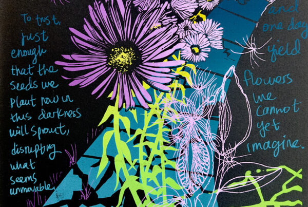 Image of Original Screen Print of green, blue, purple ink on black paper.