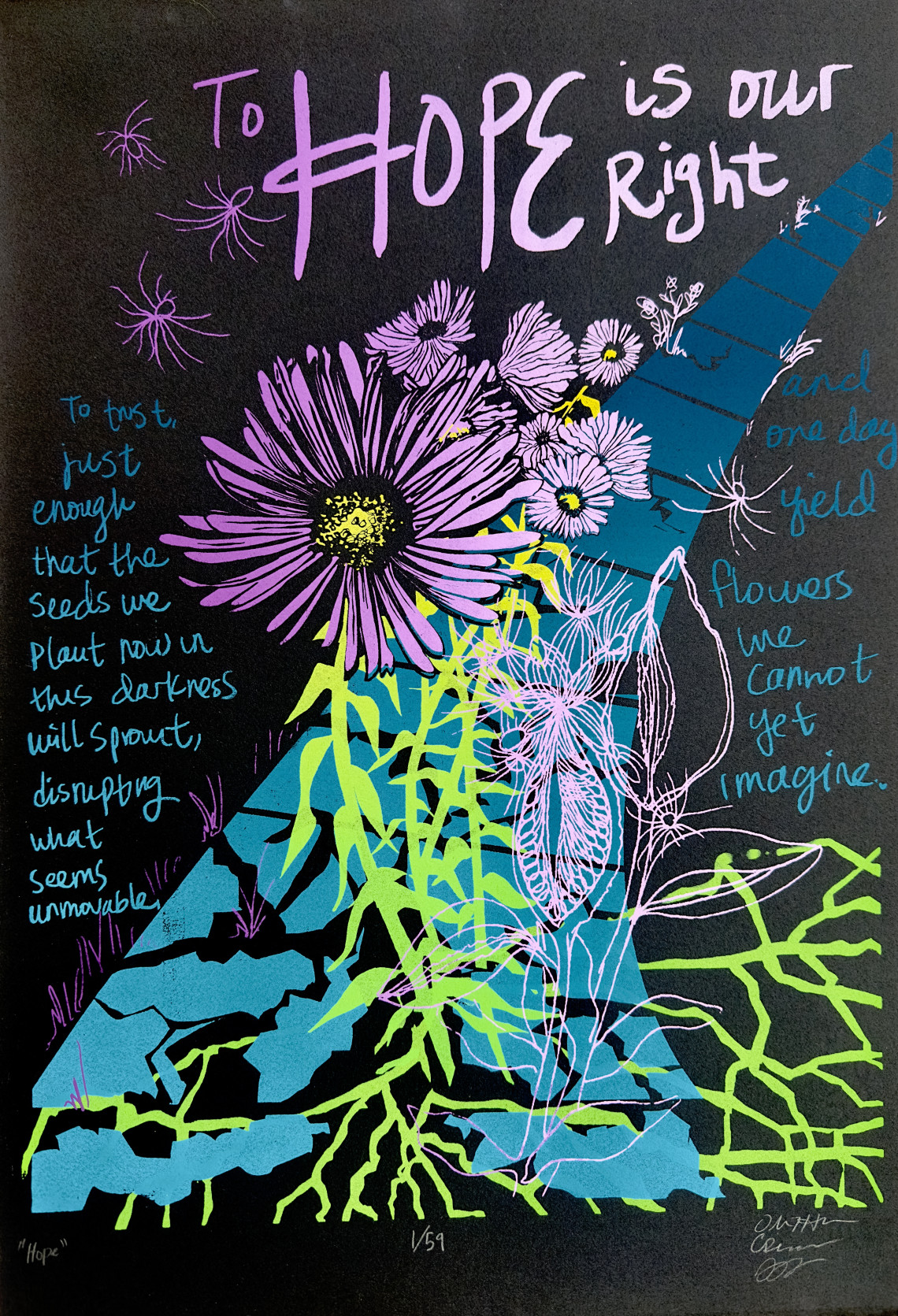 Image of Original Screen Print of green, blue, purple ink on black paper.